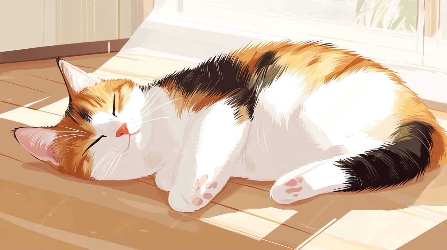 阳光下酣睡的三色猫咪