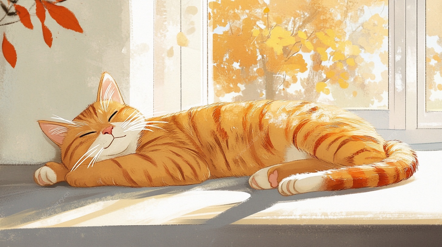 秋日窗畔酣睡的橘猫