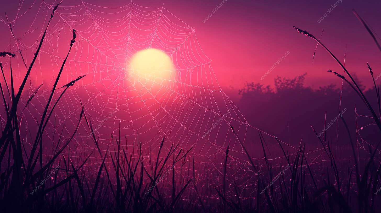 夕阳下的蛛网与野草