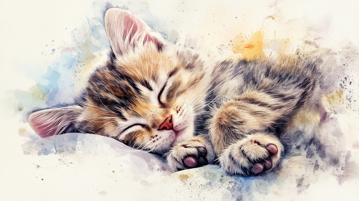 酣睡的水彩小猫咪