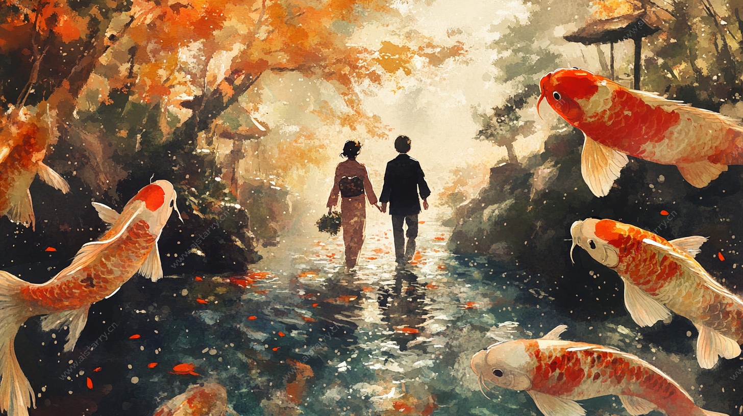 秋日锦鲤伴情侣漫步