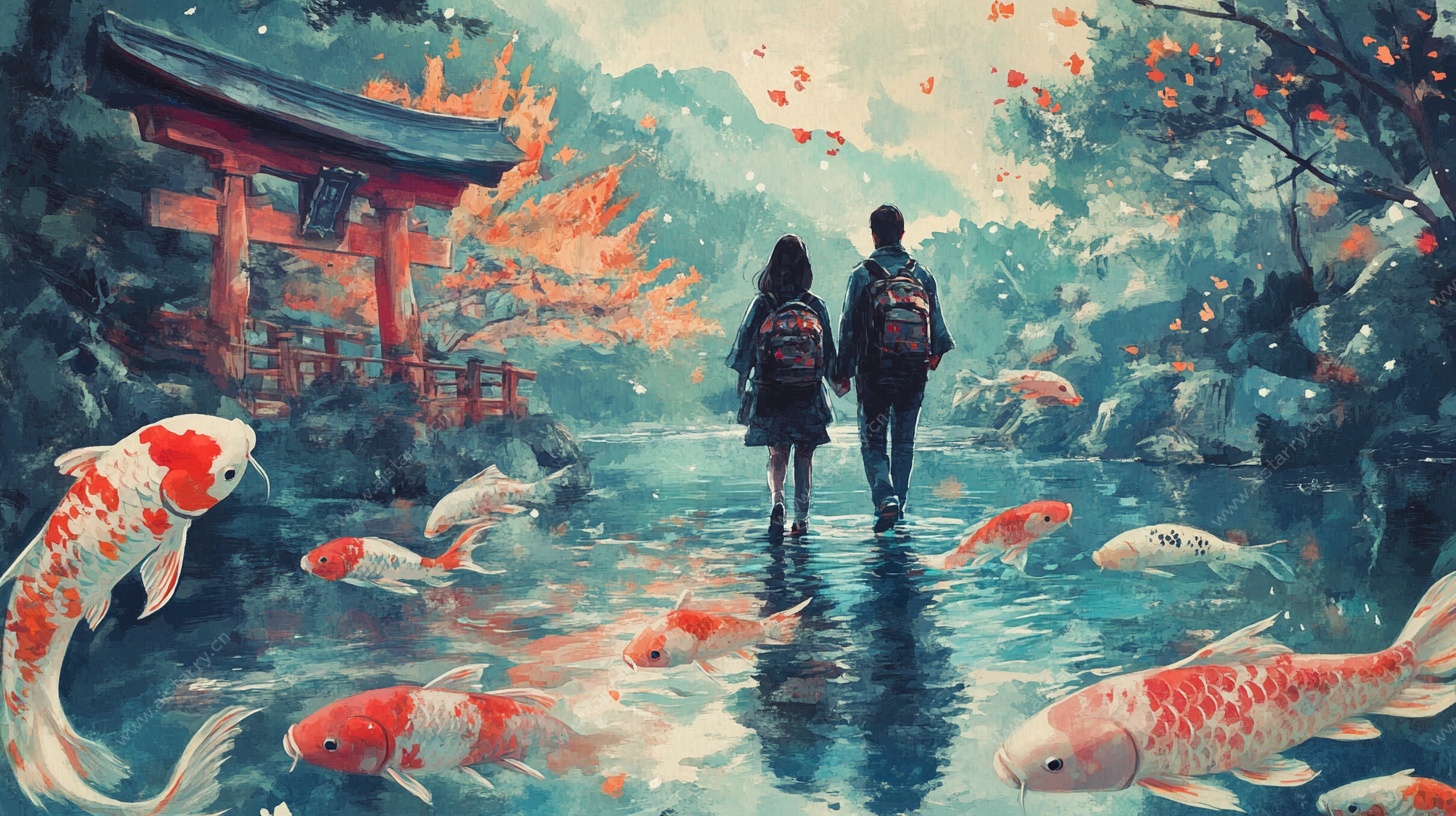 漫步锦鲤池畔的浪漫身影