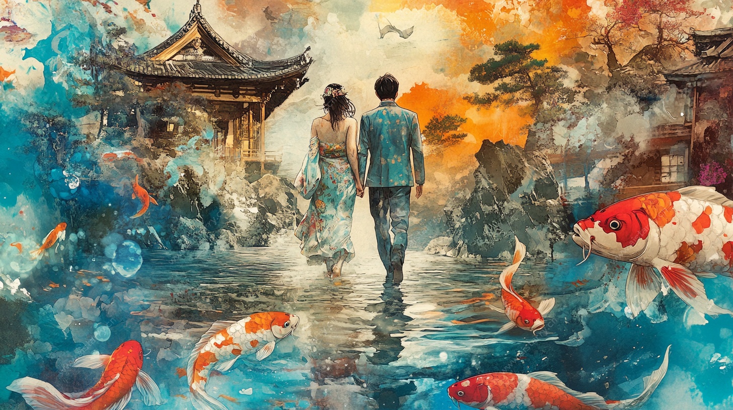 情侣漫步古风锦鲤之境
