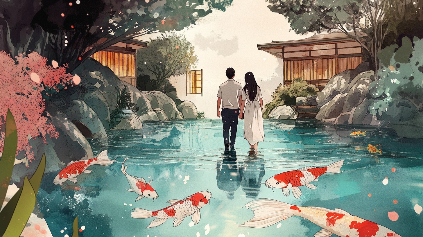 情侣漫步日式锦鲤池畔
