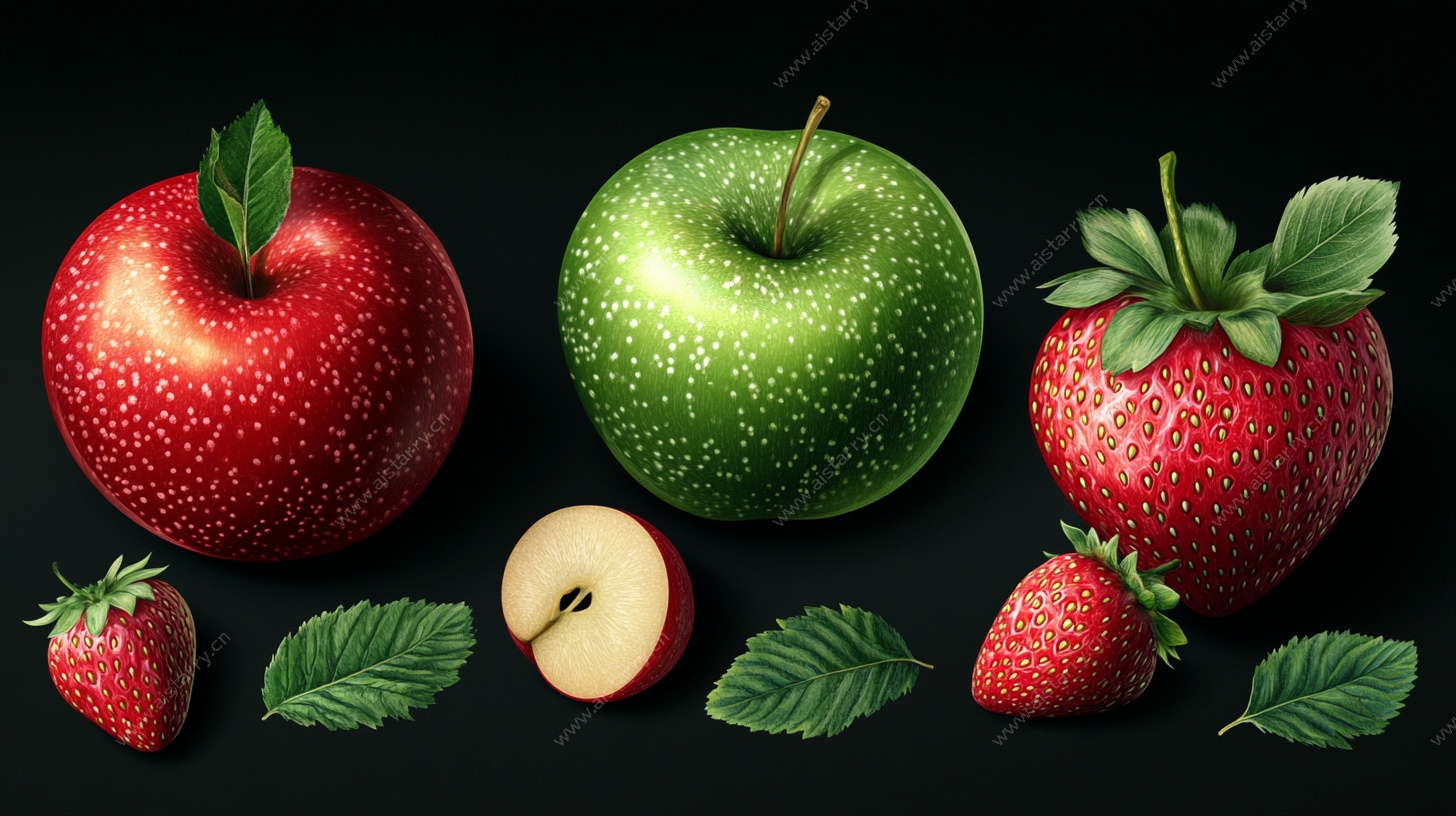 红青苹果与草莓静物图