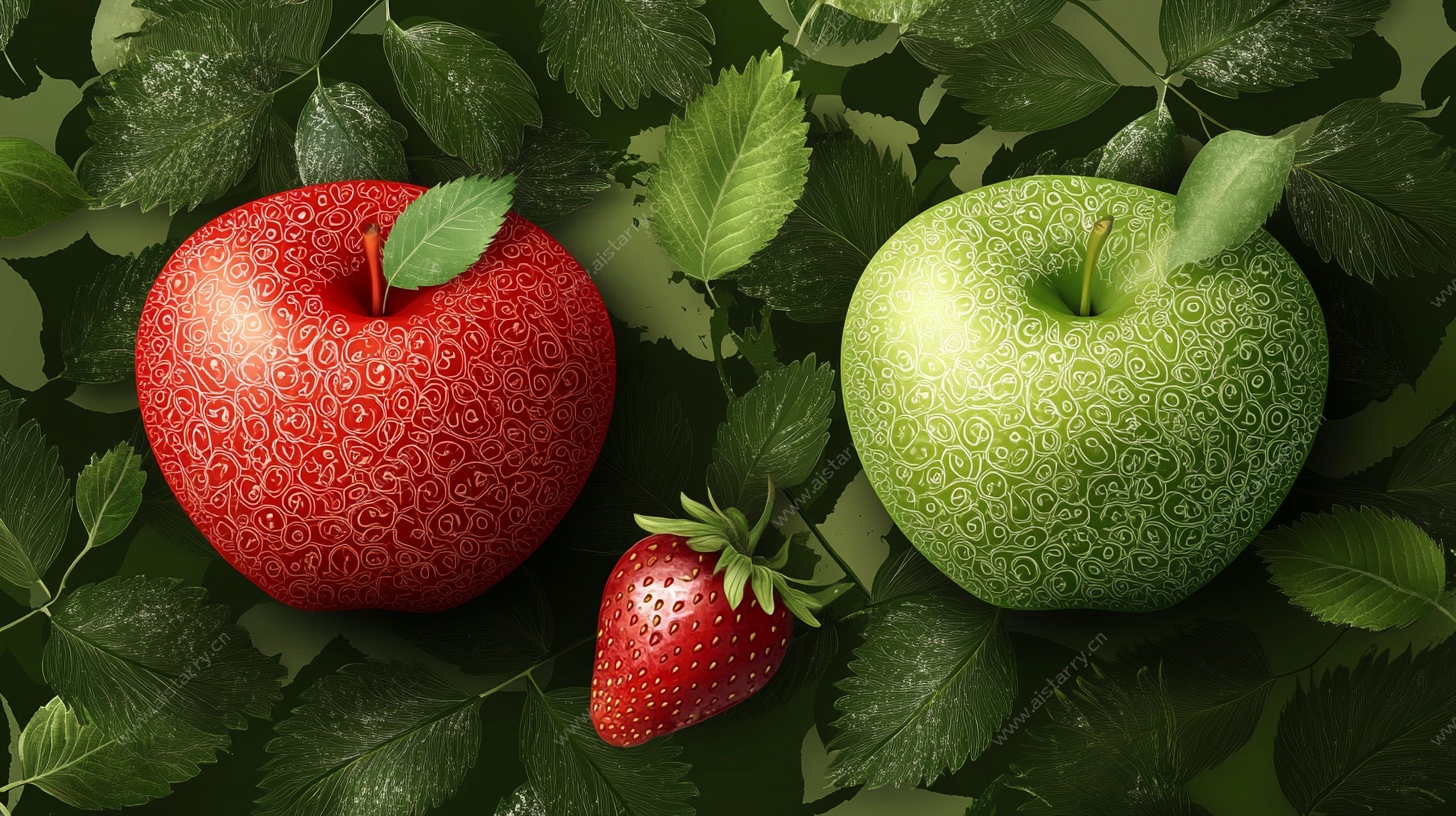 红青苹果与草莓的静物图