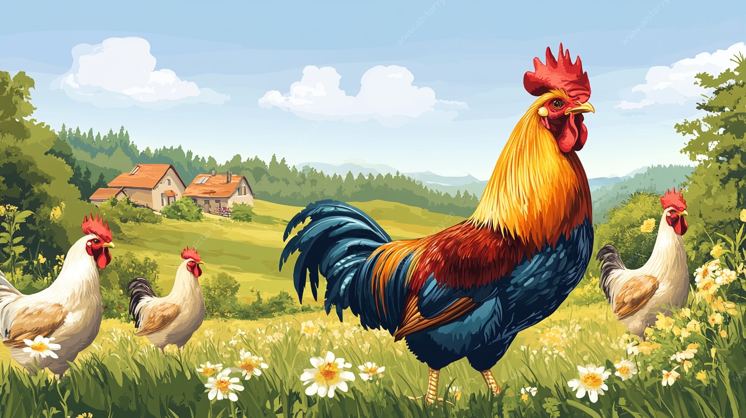 田园雄鸡与群鸡图