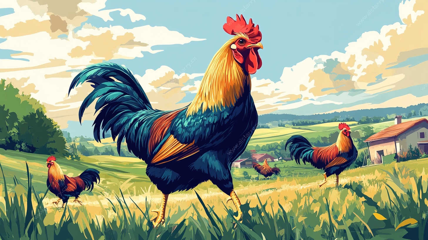 田园中的绚丽公鸡群像