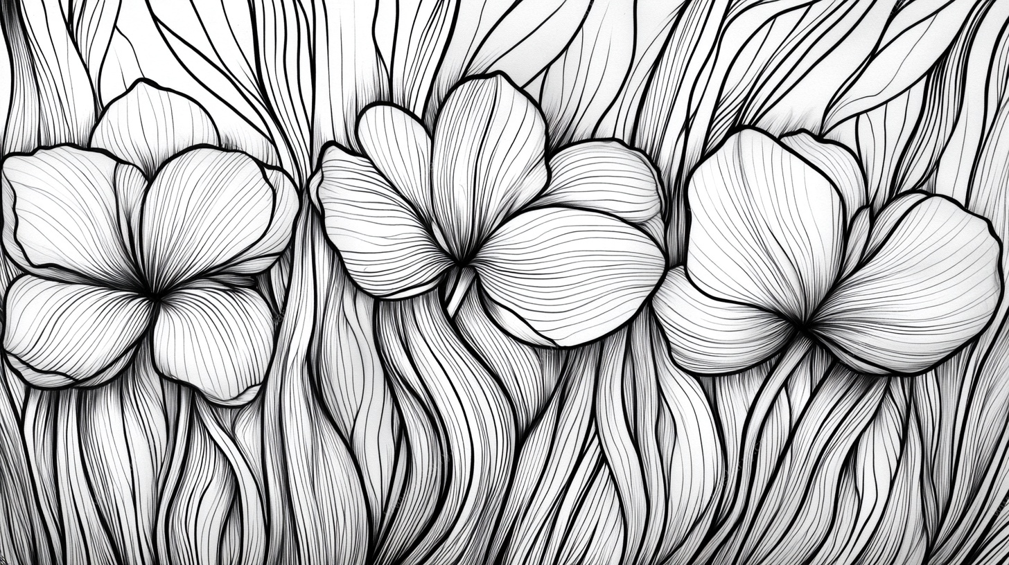 黑白线条花卉图案