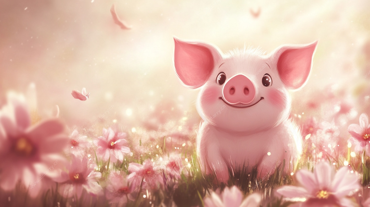可爱小猪置身烂漫花海