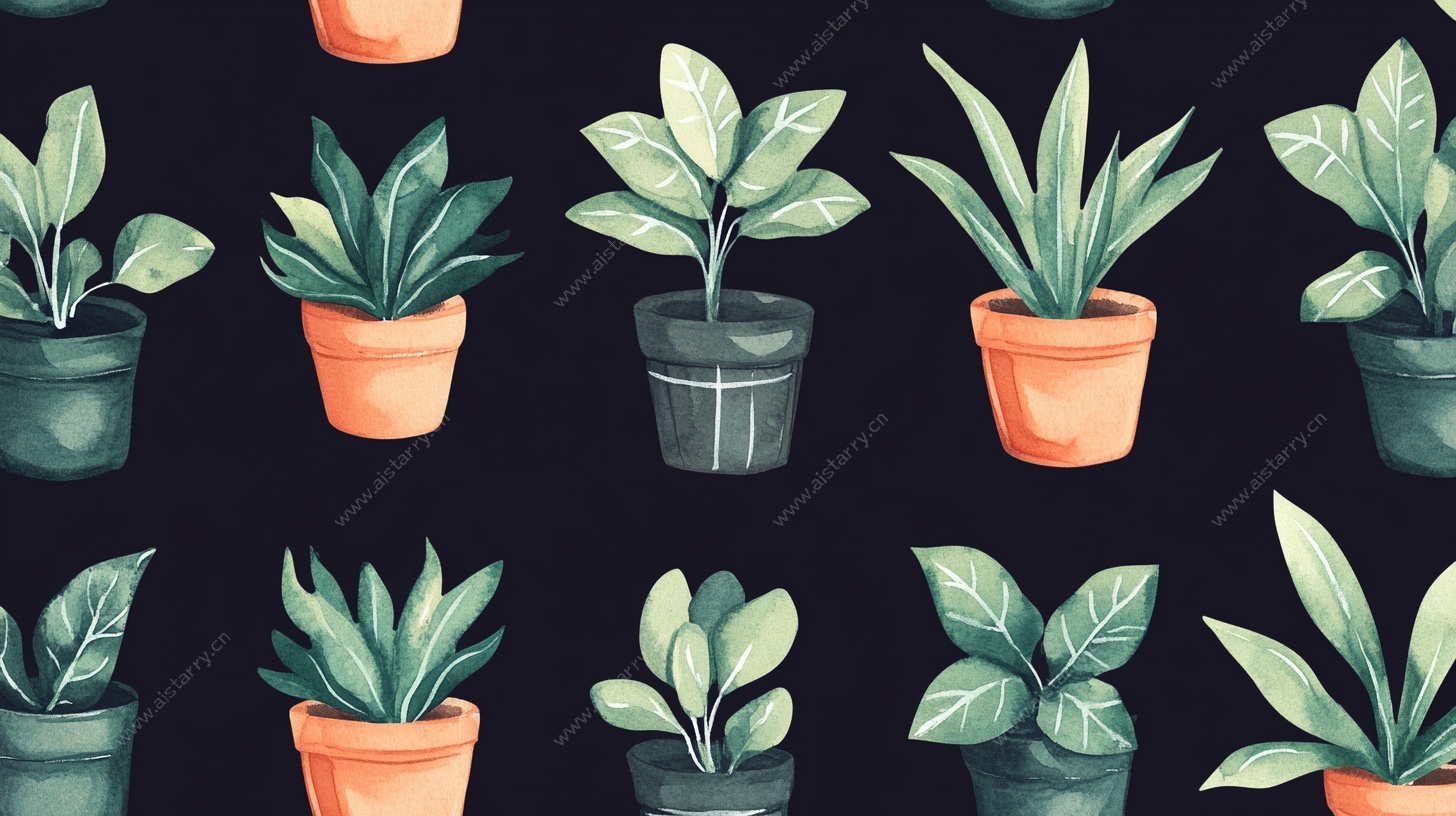 盆栽绿植水彩无缝图案