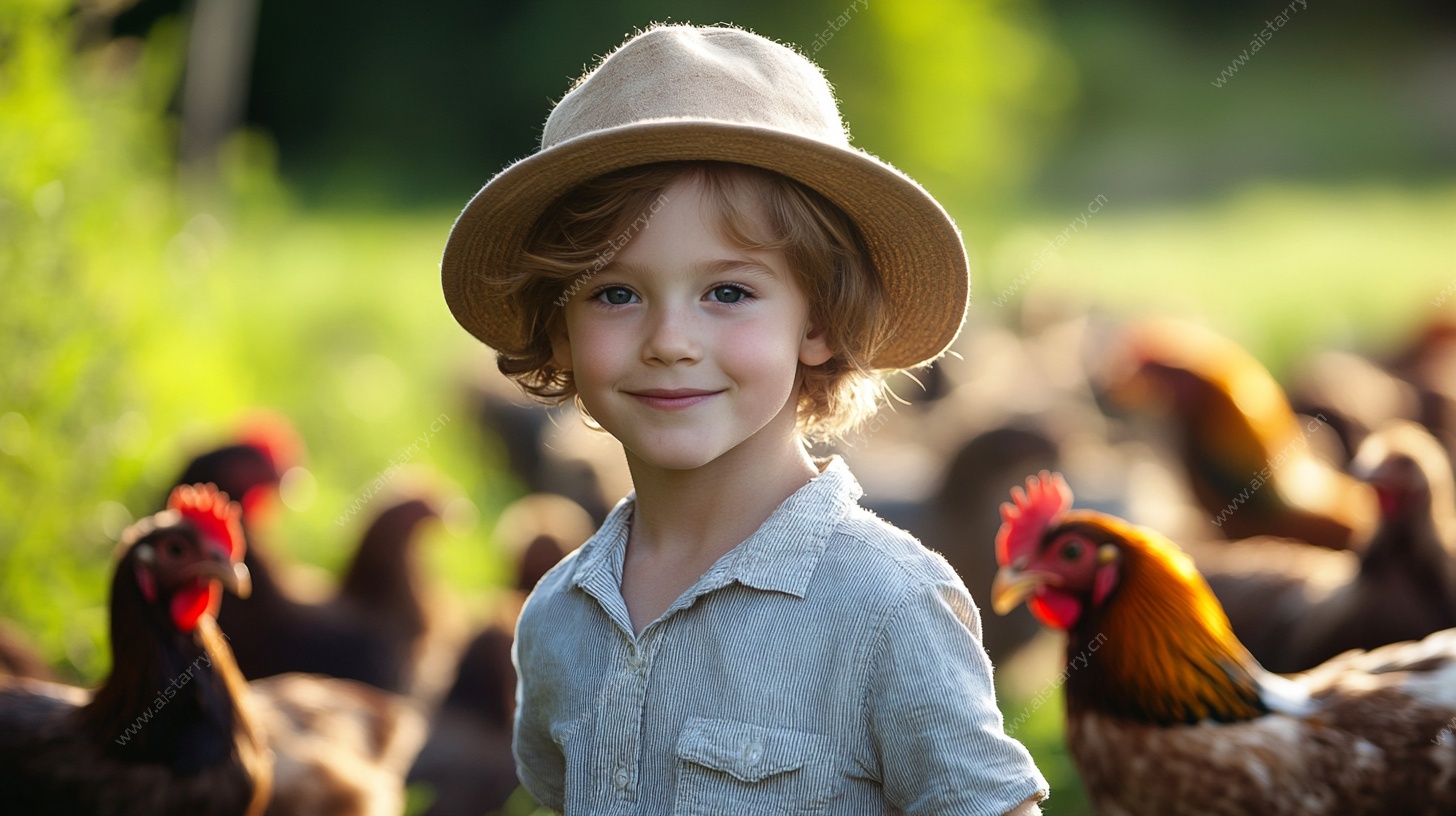 田野间戴帽微笑的孩童