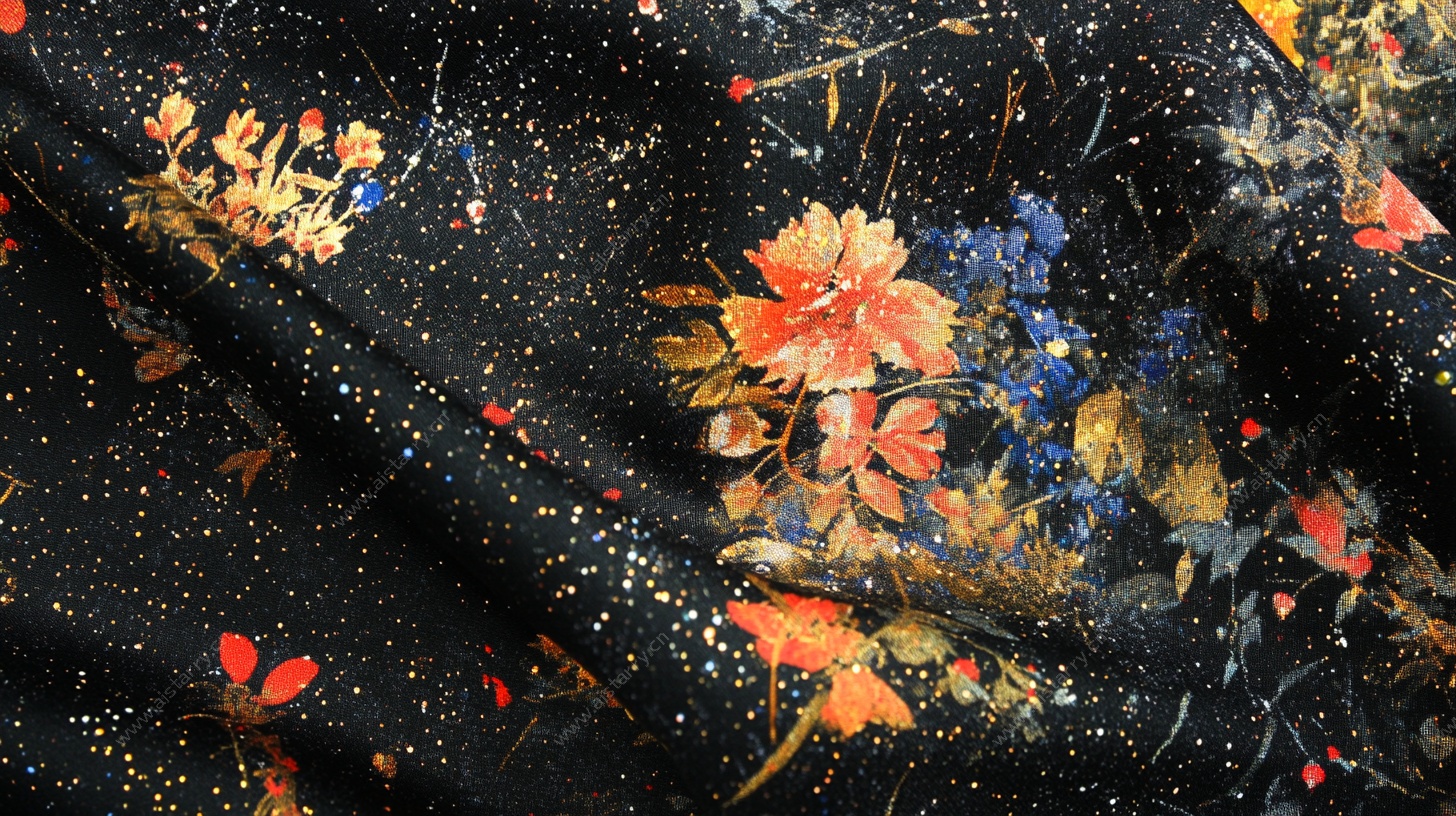 黑色花卉印花布料特写