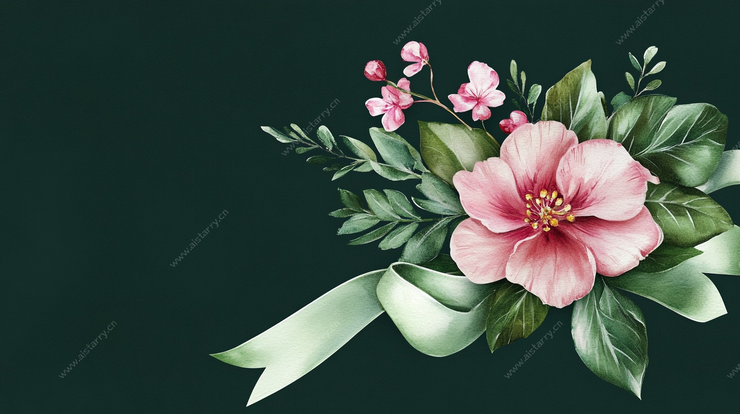 粉色花卉配绿叶丝带装饰