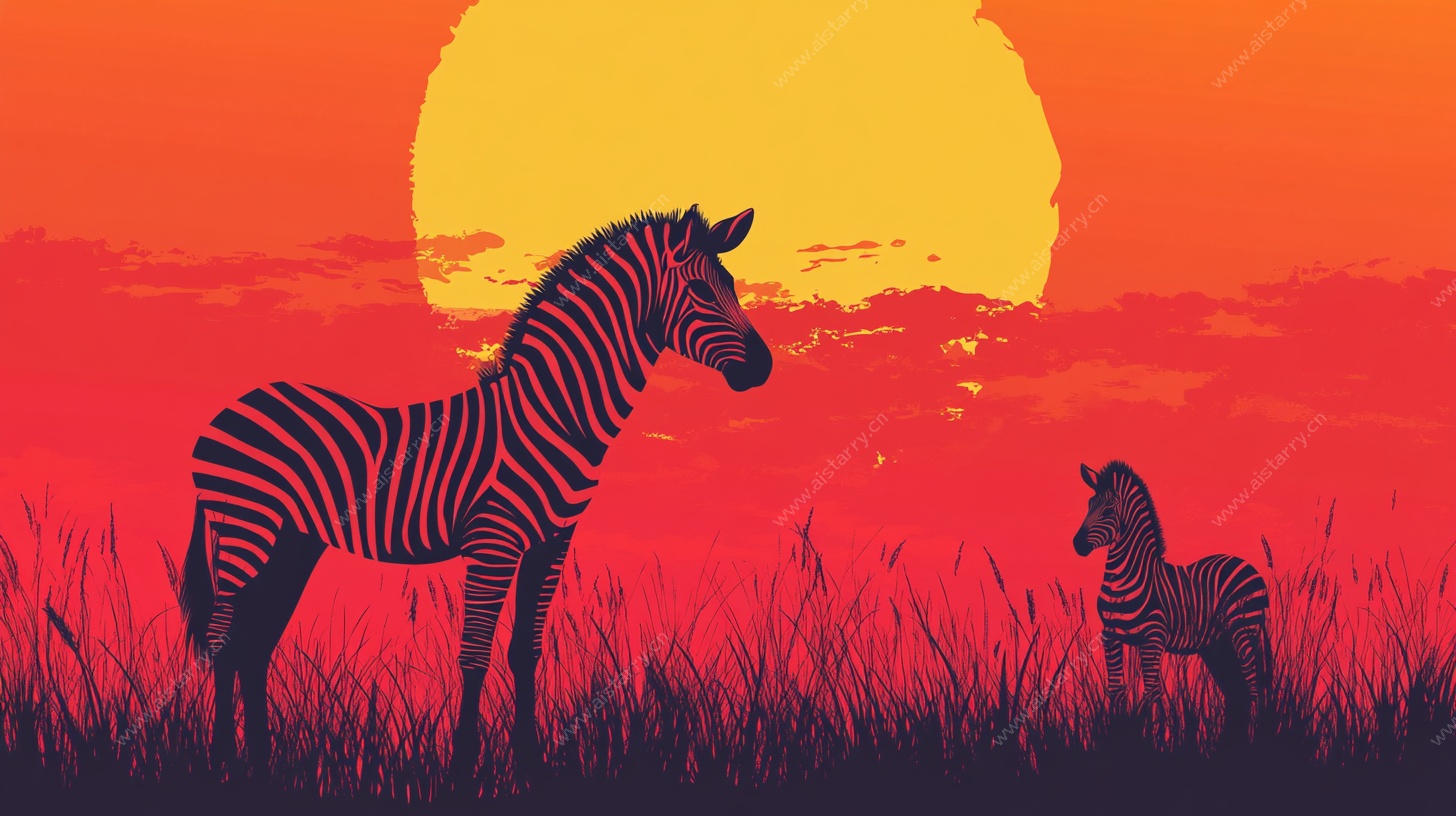 夕阳下的斑马母子