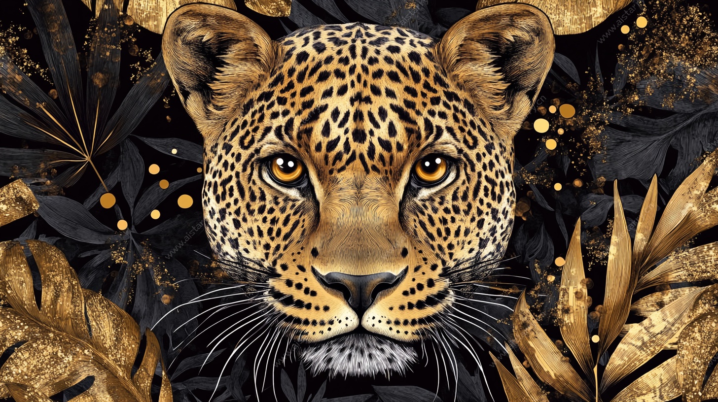 金色豹头与植物装饰画