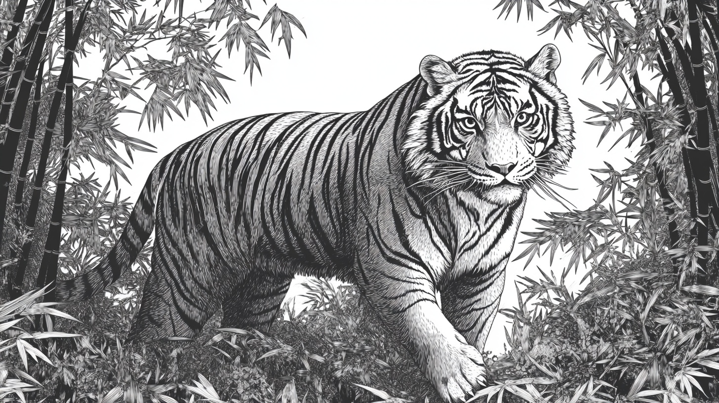 竹林猛虎黑白绘