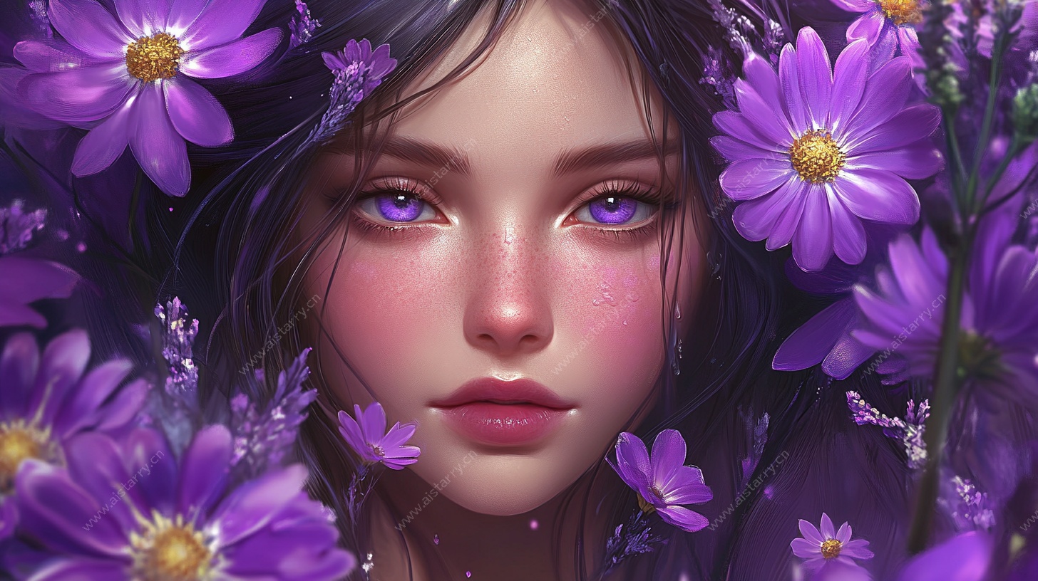 紫花簇拥的梦幻少女
