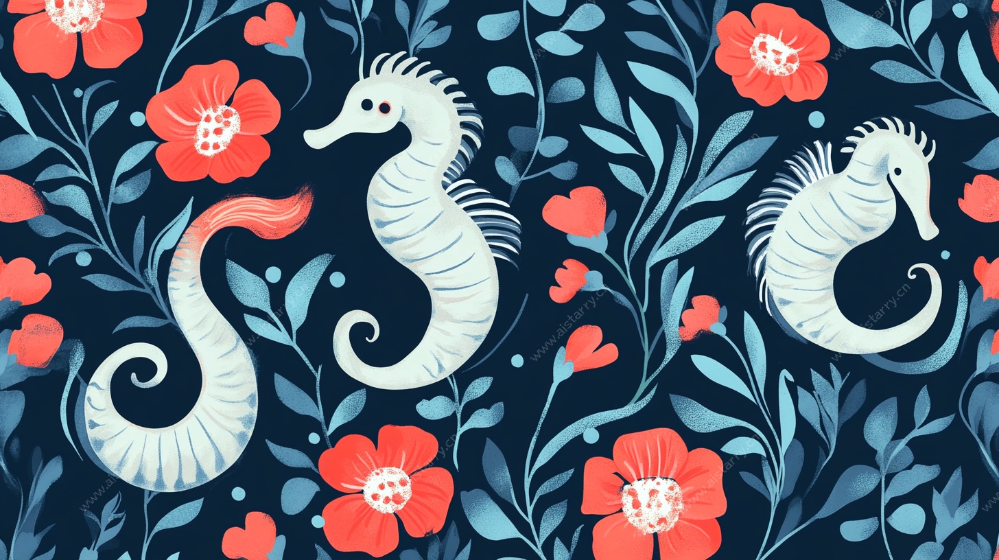 海马花卉图案插画
