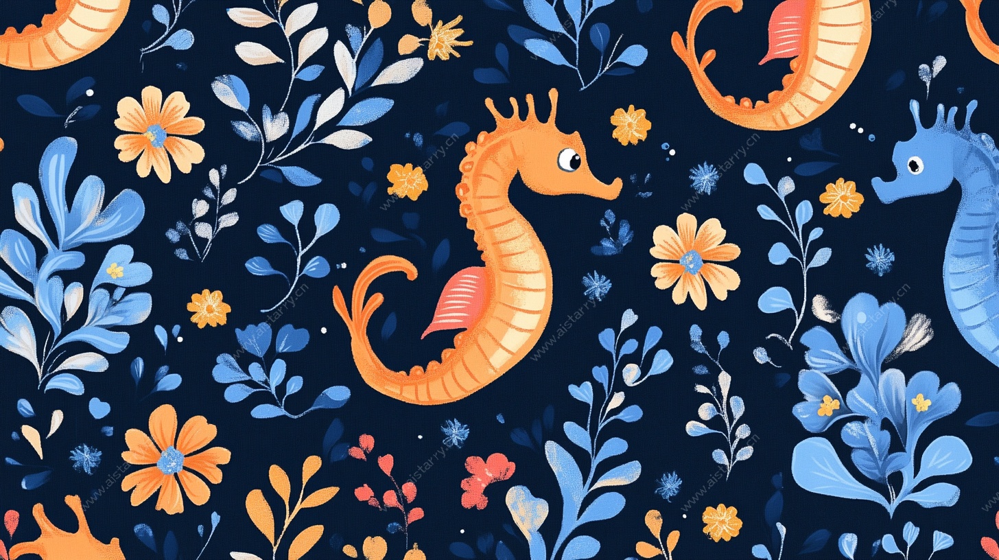 海马花卉图案插画