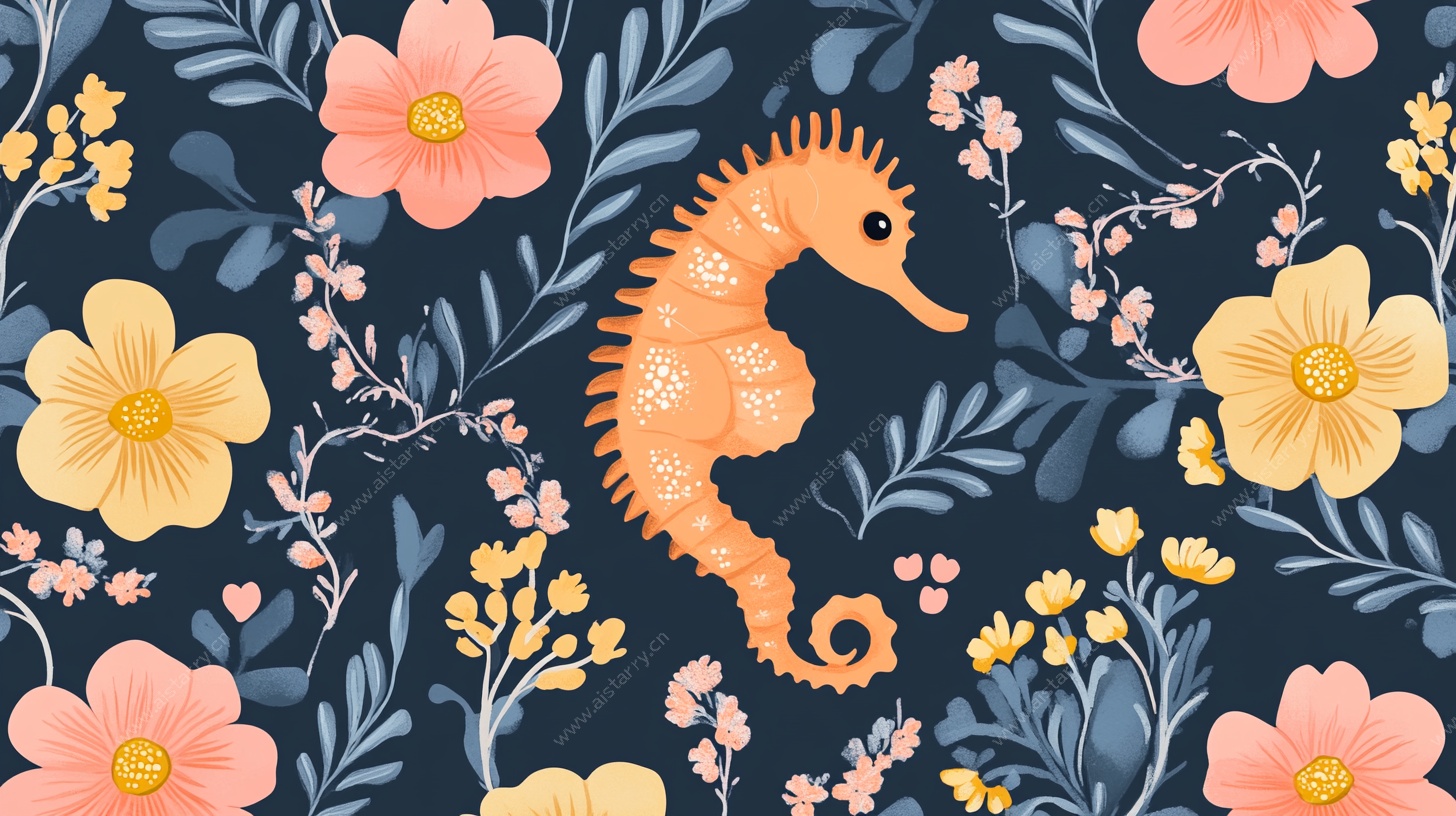 海马花卉图案插画