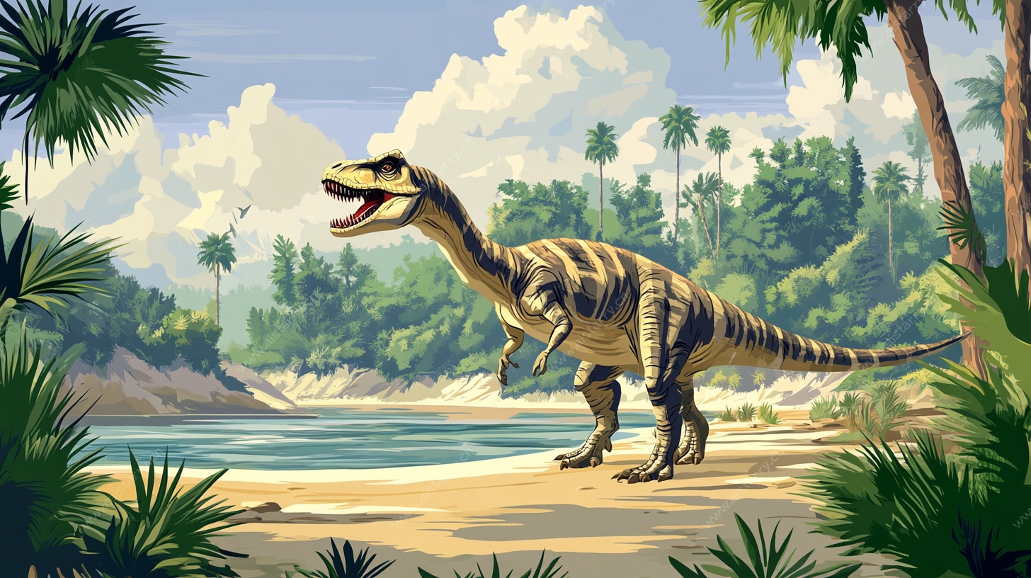 河边漫步的史前恐龙