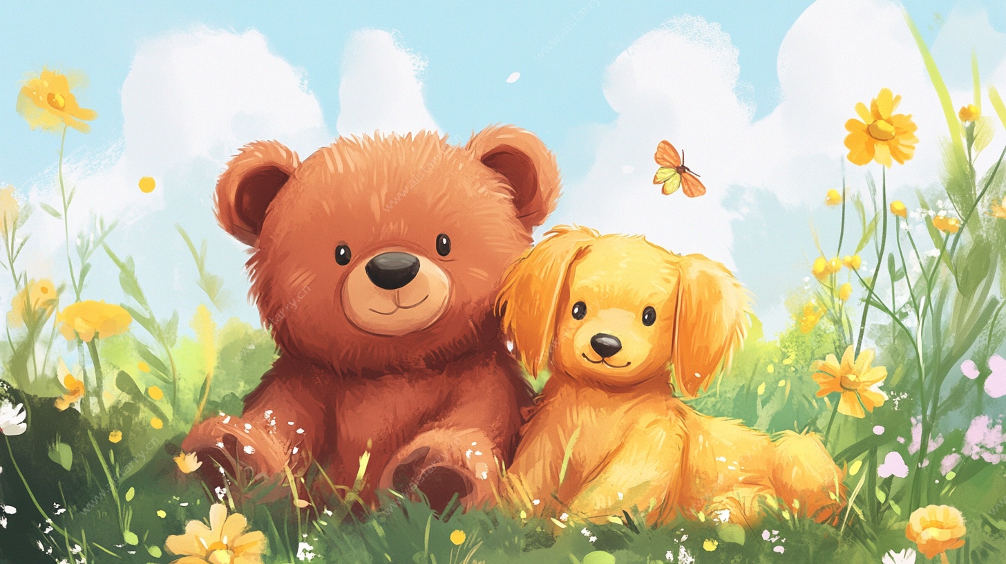 小熊小狗的草地惬意时光