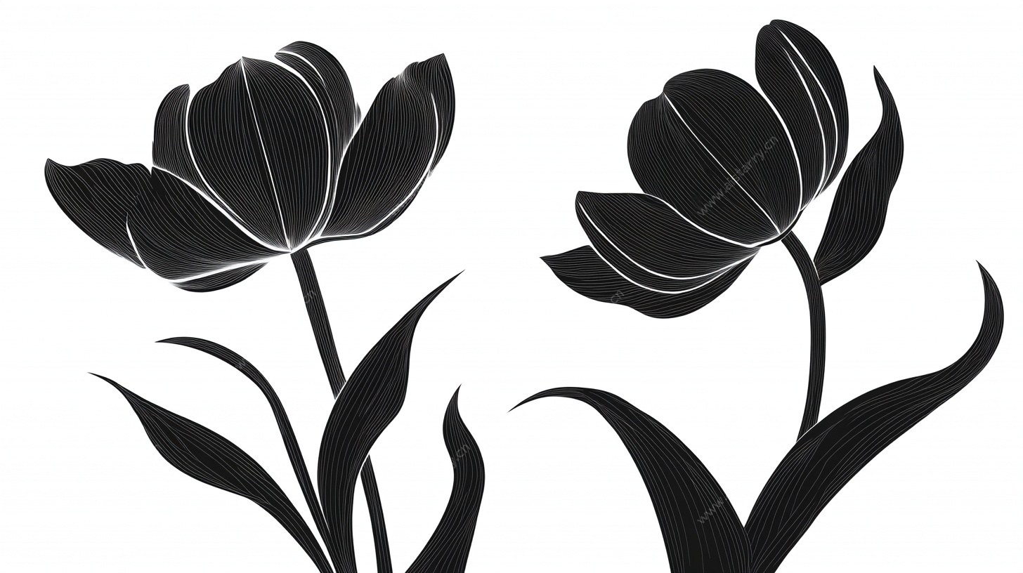黑白郁金香剪影图案