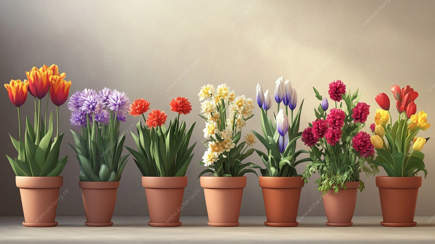 多彩盆栽花卉整齐排列