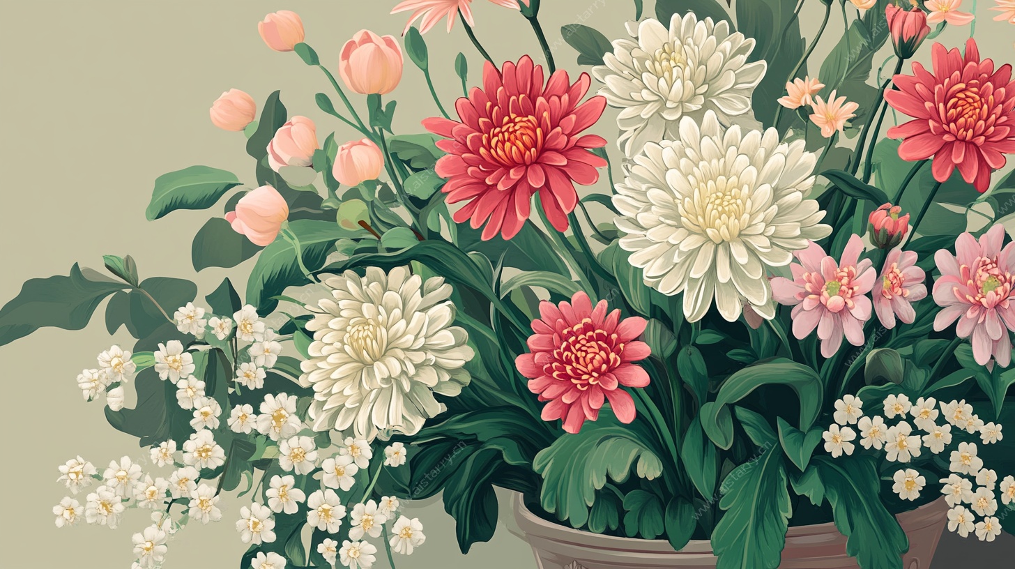 多彩花卉盆栽插画