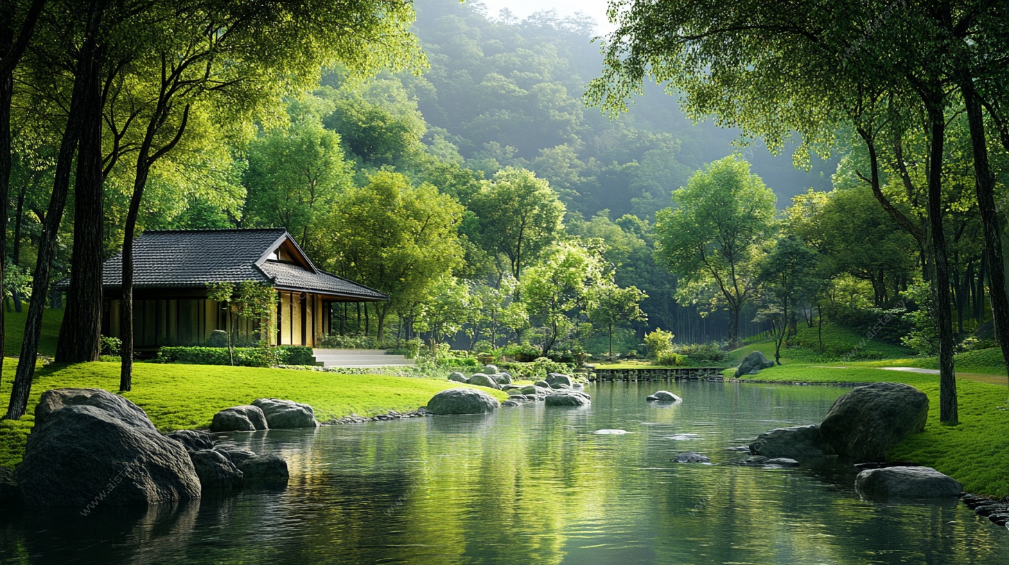 宁静溪边小屋自然风光图