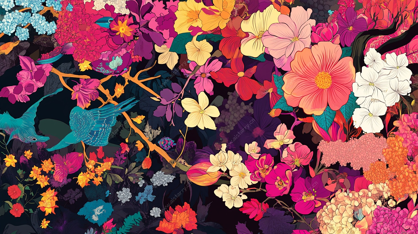 繁花飞鸟绚丽插画