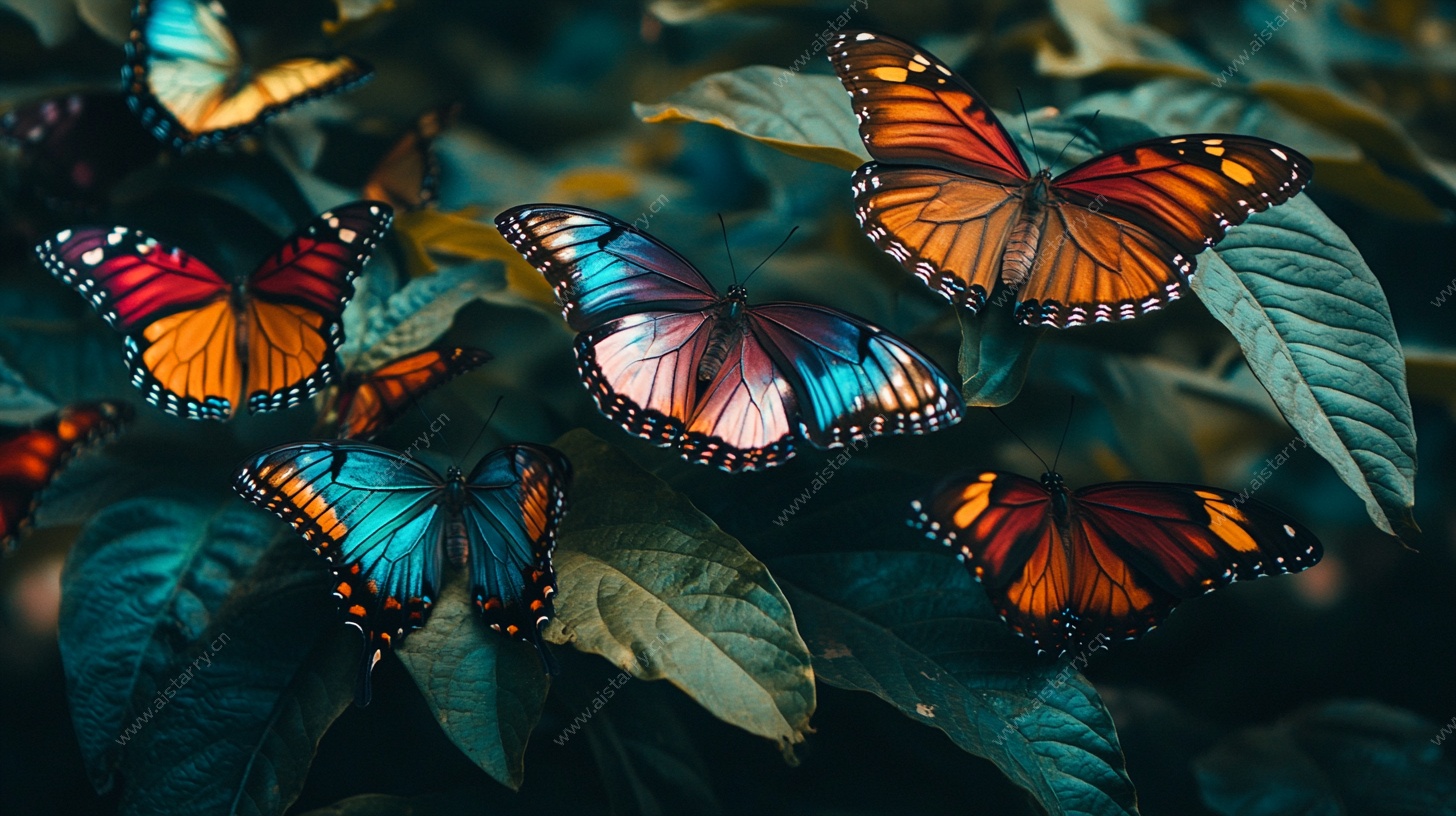 多彩蝴蝶栖于绿叶间