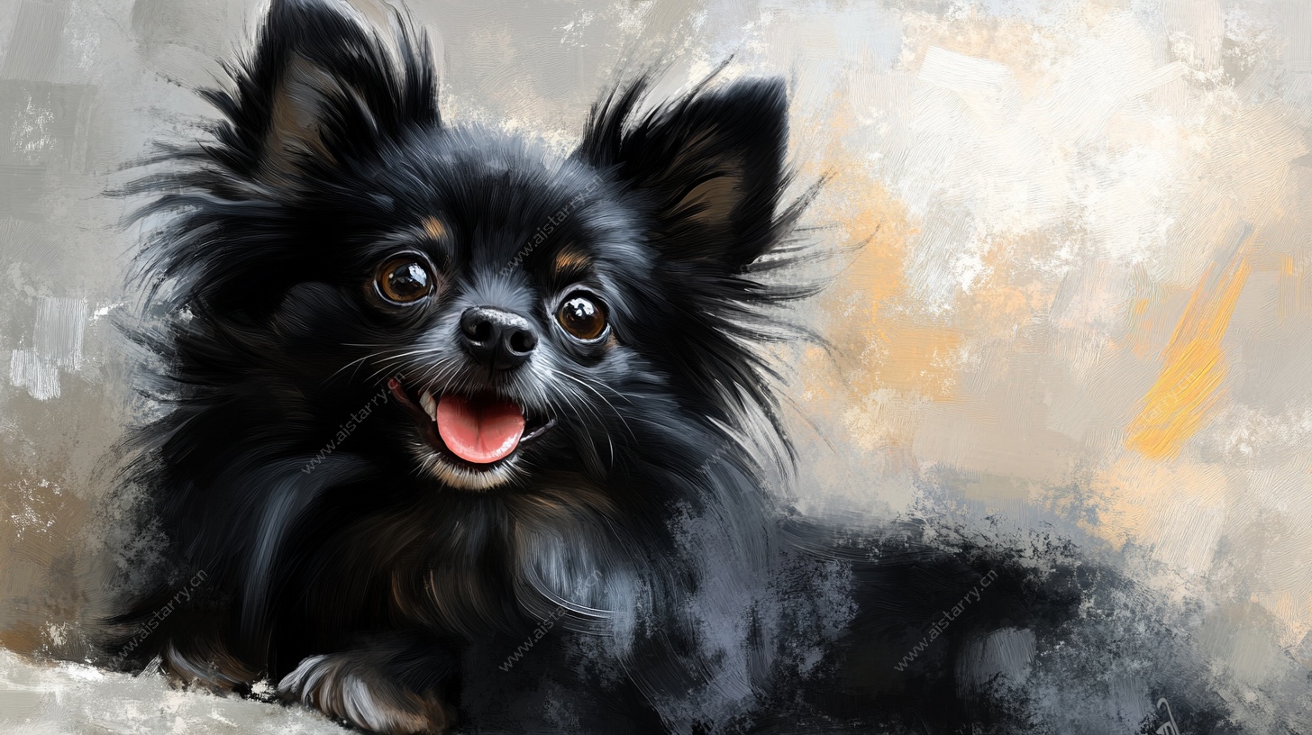 可爱黑博美萌态油画风