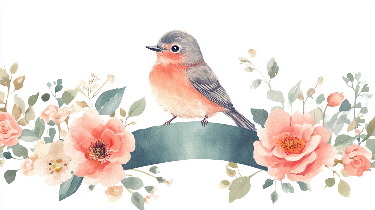 花鸟水彩画 小鸟栖于繁花间