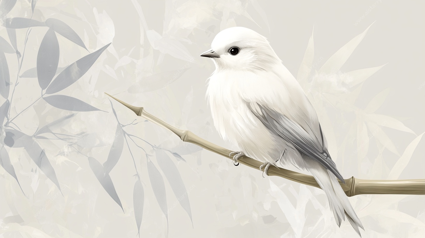 竹枝上的白羽小鸟