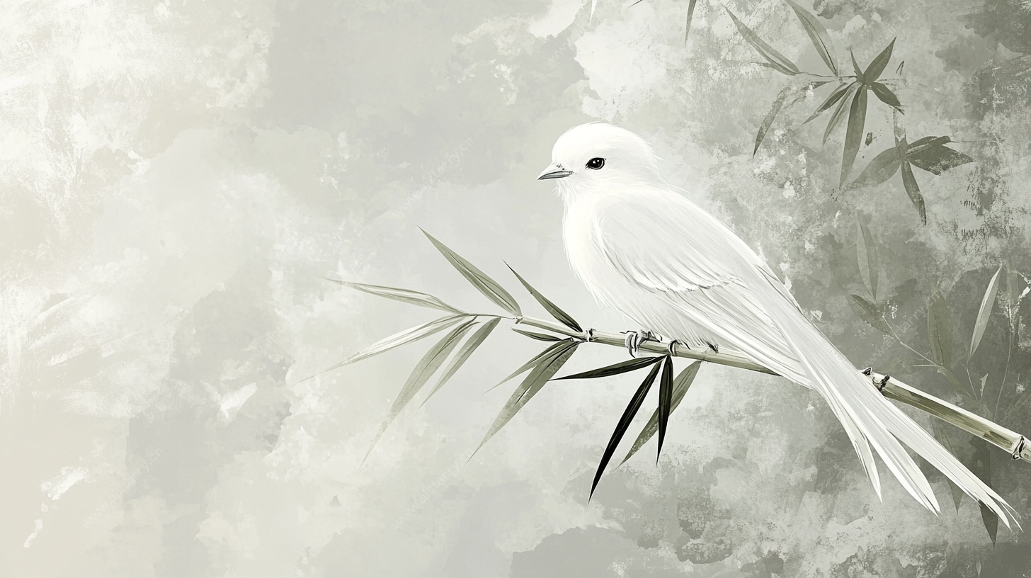 水墨竹枝上的白羽飞鸟