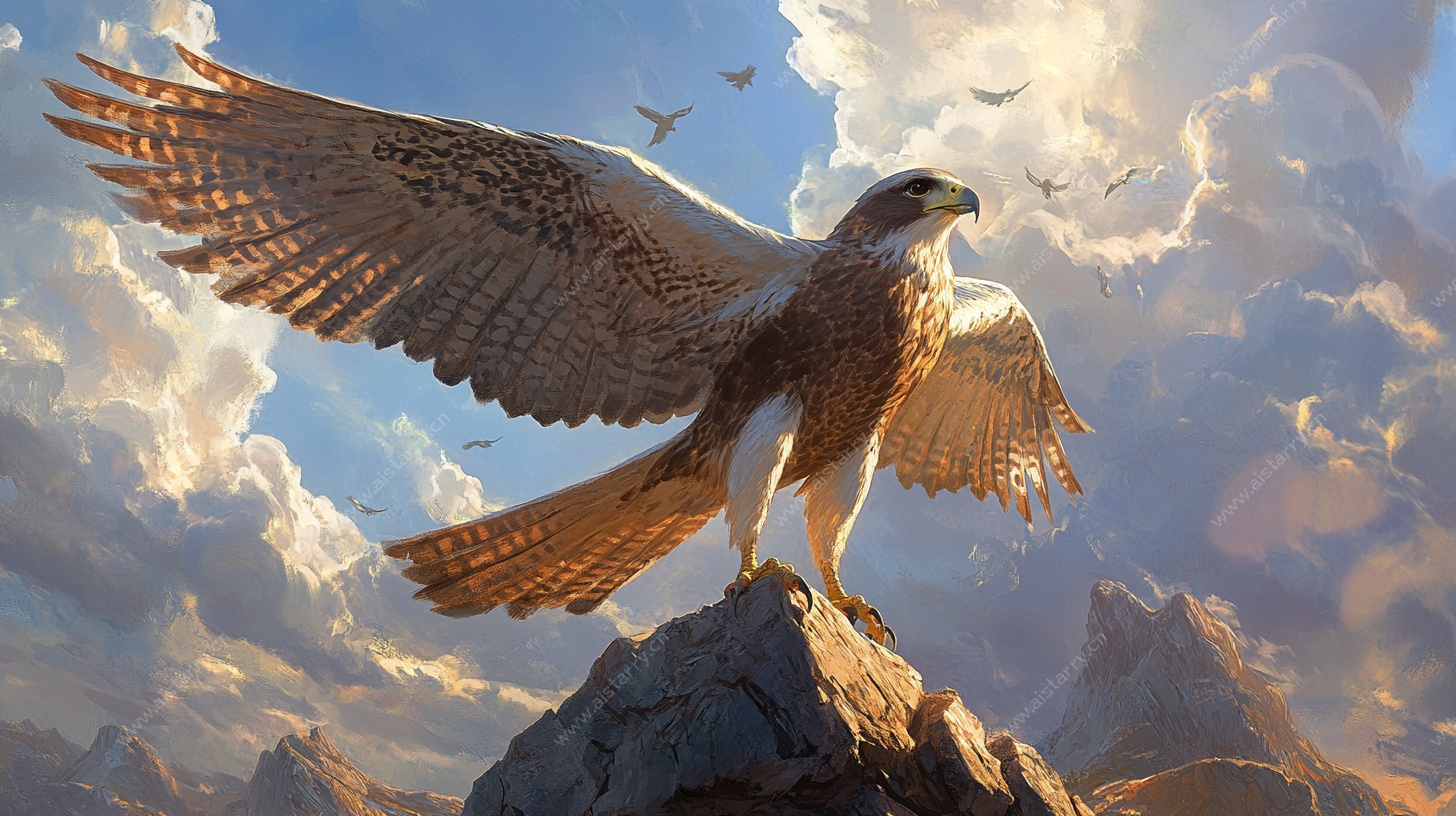 展翅雄鹰于云端岩石之上