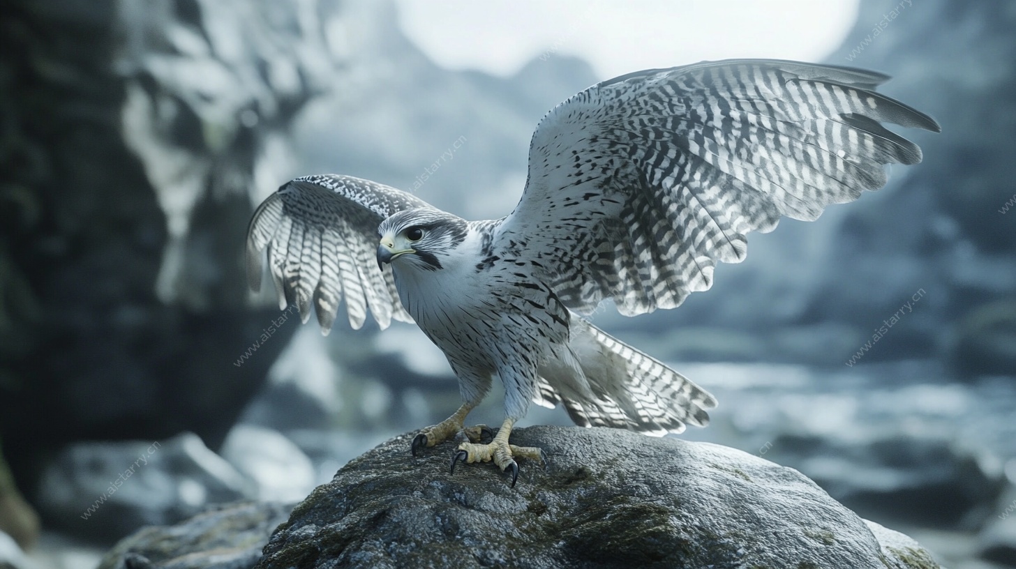 展翅雪鸮于嶙峋岩石间