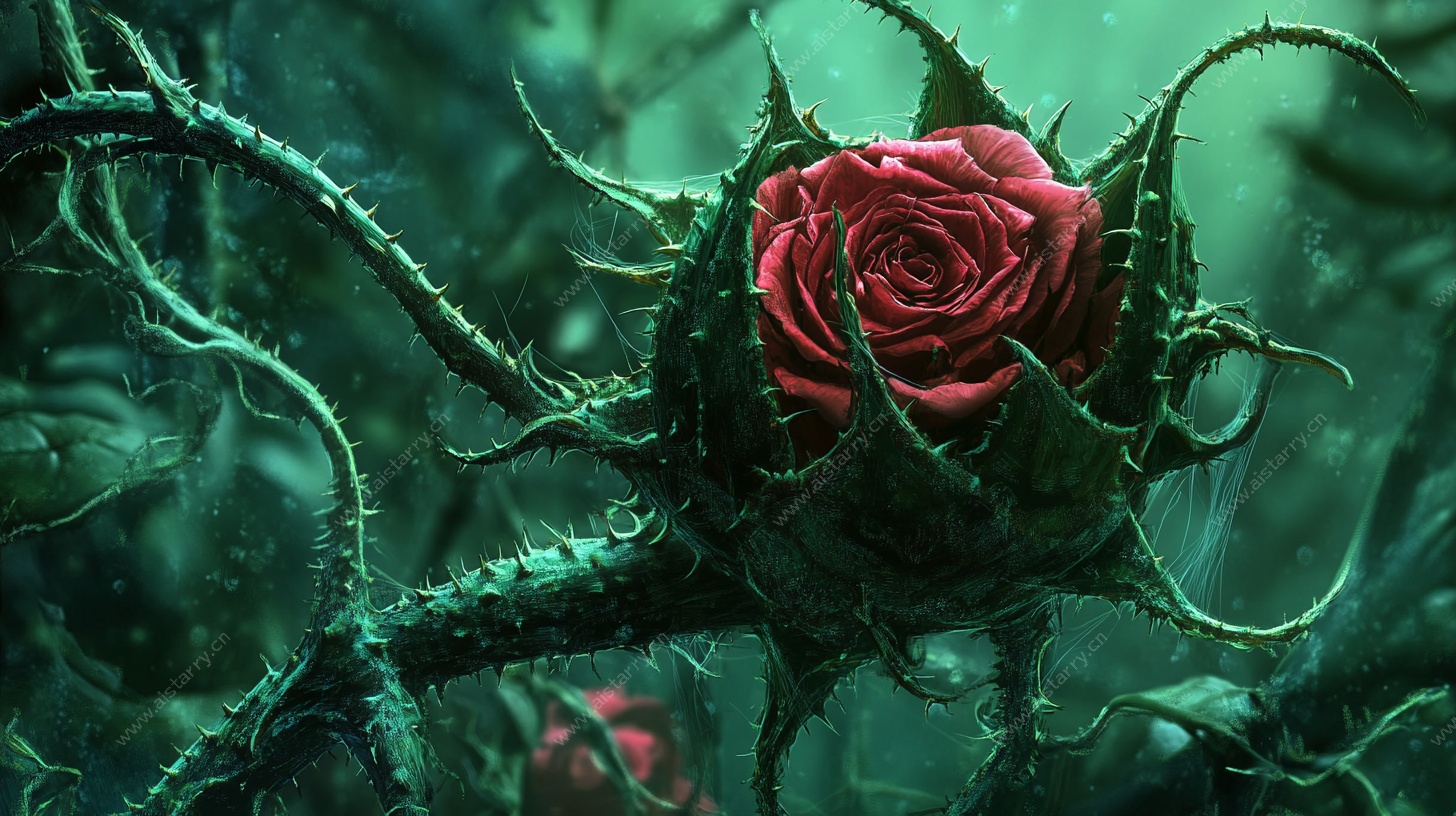 神秘荆棘中的红玫瑰