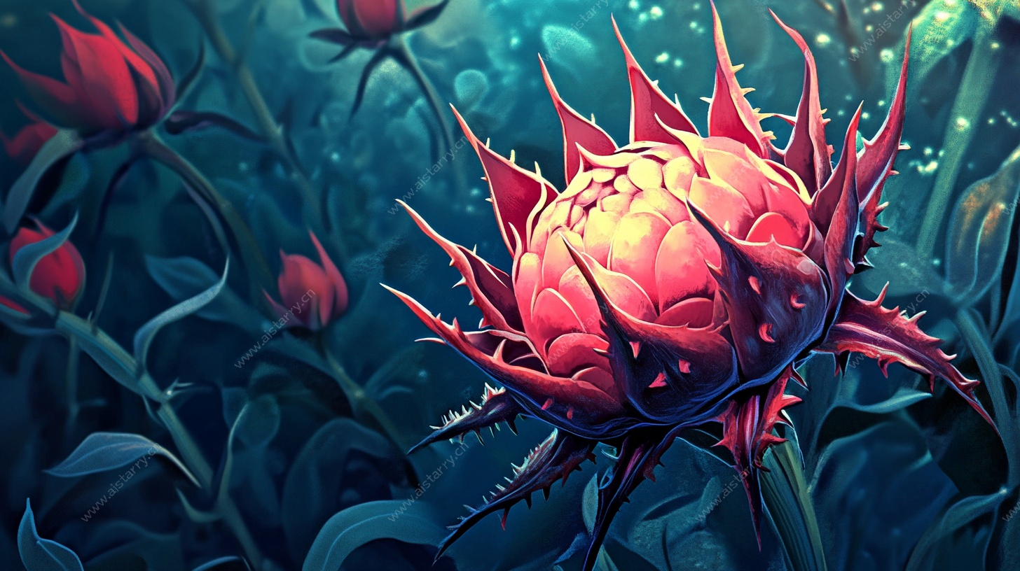 深海尖刺红植物奇幻图景