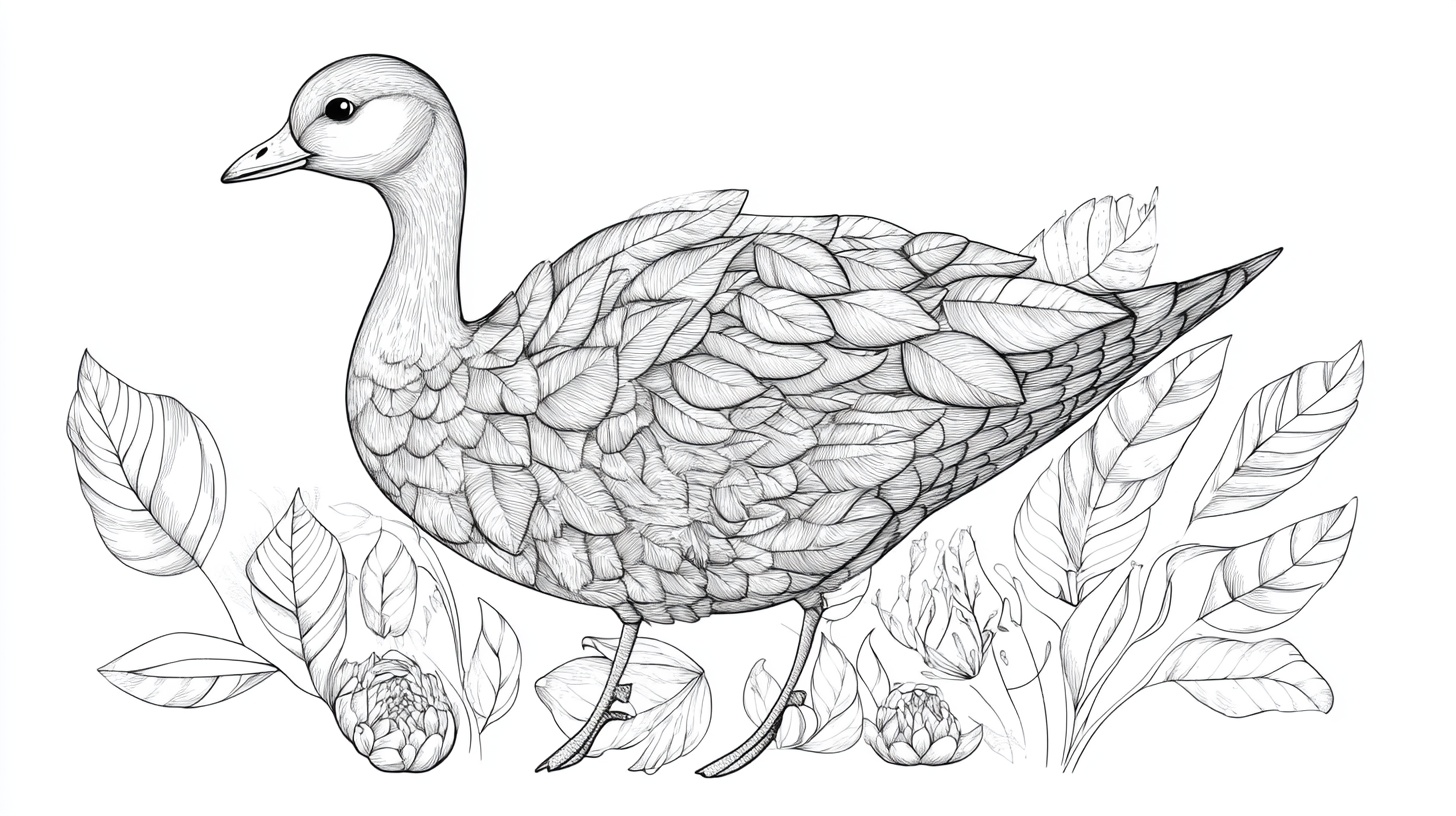 手绘鹅与植物黑白插画