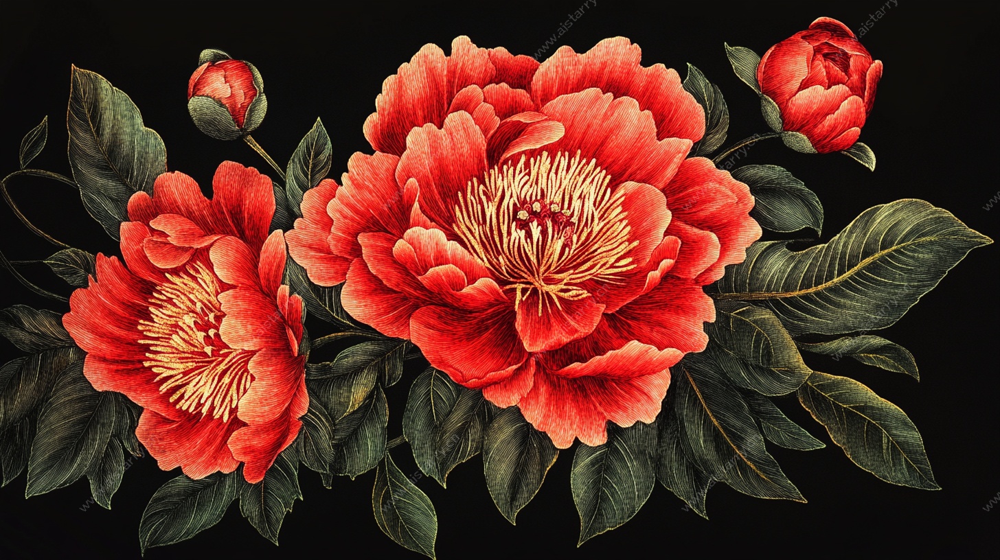 艳丽红牡丹花卉插画