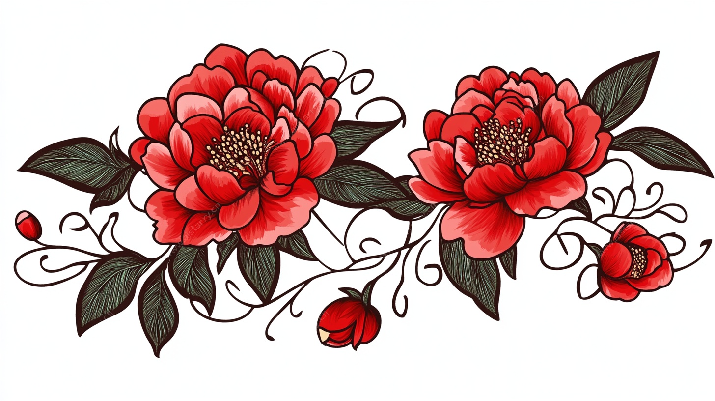 手绘红牡丹花卉图案