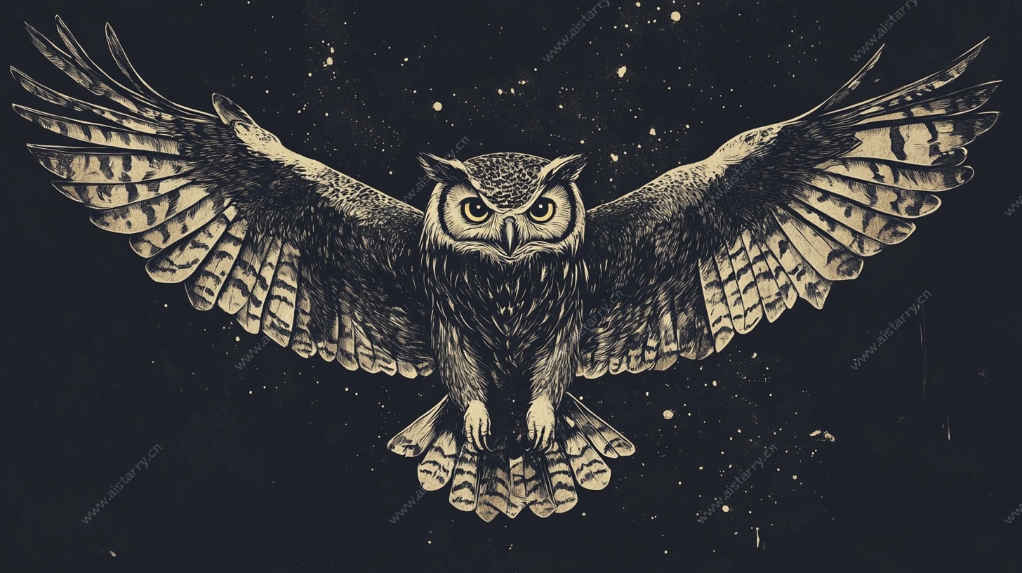 展翅猫头鹰复古风插画