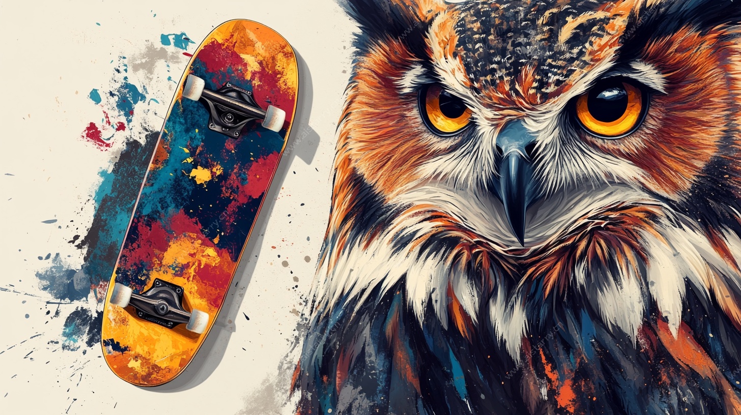 猫头鹰与涂鸦滑板艺术图