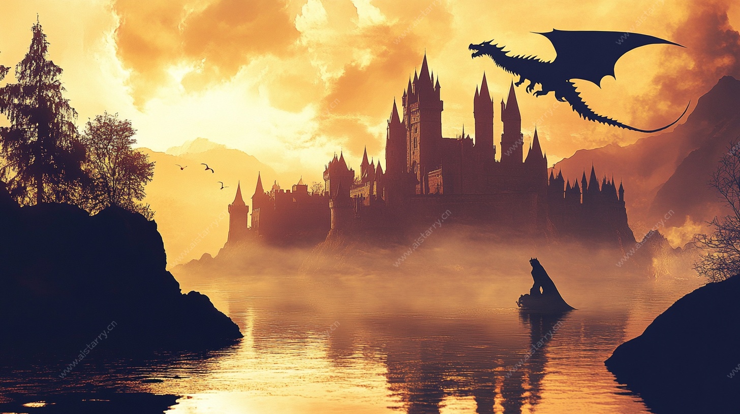 黄昏下的奇幻城堡与飞龙