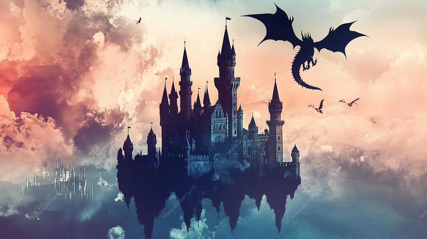 梦幻悬浮城堡与飞龙景象