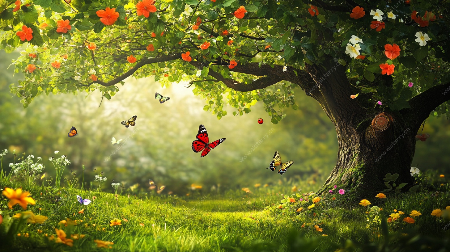 梦幻繁花树下蝴蝶飞舞景