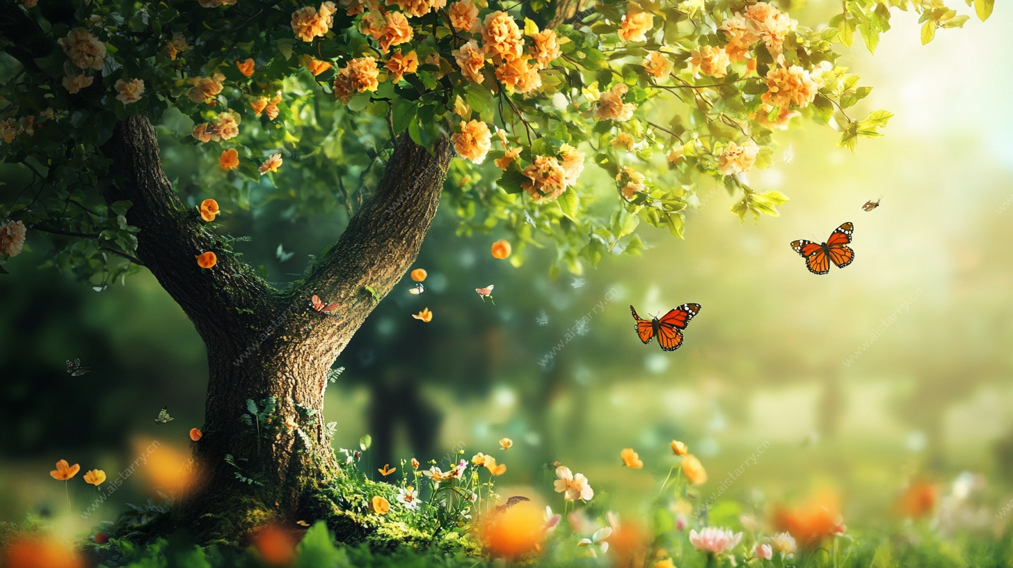 春日繁花蝴蝶树景图